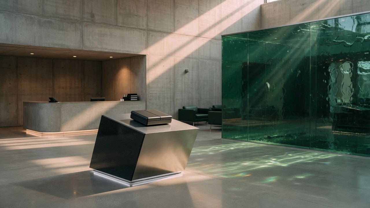 Quiet luxury headquarters lobby with emerald glass and a product plinth